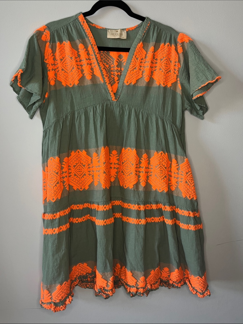 August Higher Than The Sun Tunic Dress  green orange embroidered Bohemian resort